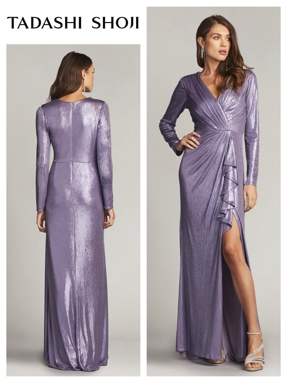 TADASHI SHOJI Metallic Long Sleeve Cascading Drape Gown